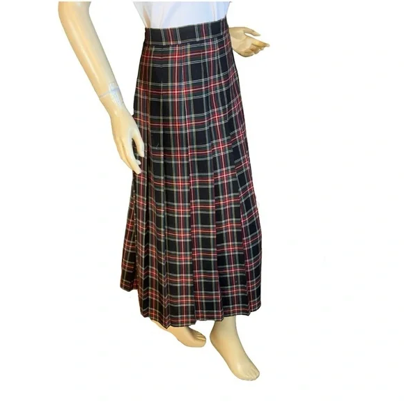 VINTAGE CIRCA 1980'S LGR BLACK, RED, YELLOW & GREEN PLAID WOOL SKIRT (16) - Picture 4 of 12